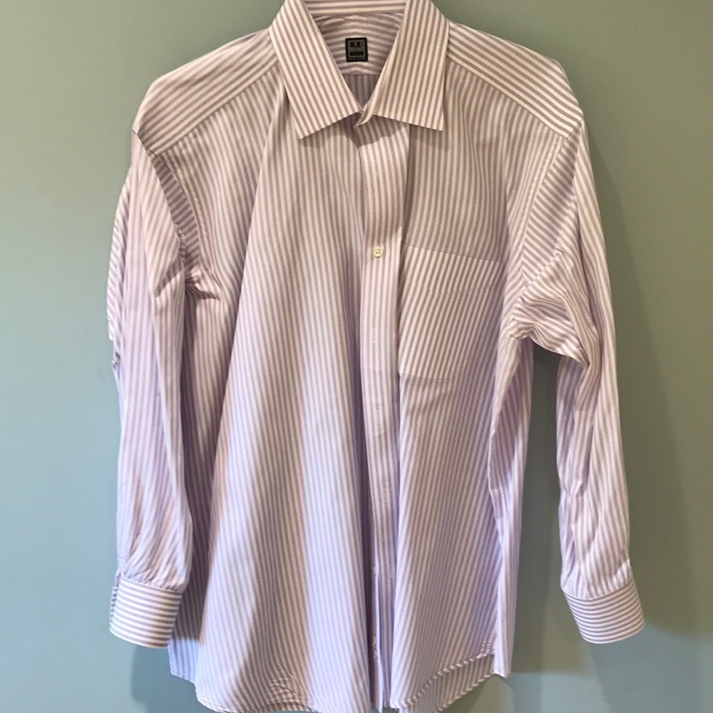 Ike Behar purple and white striped shirt